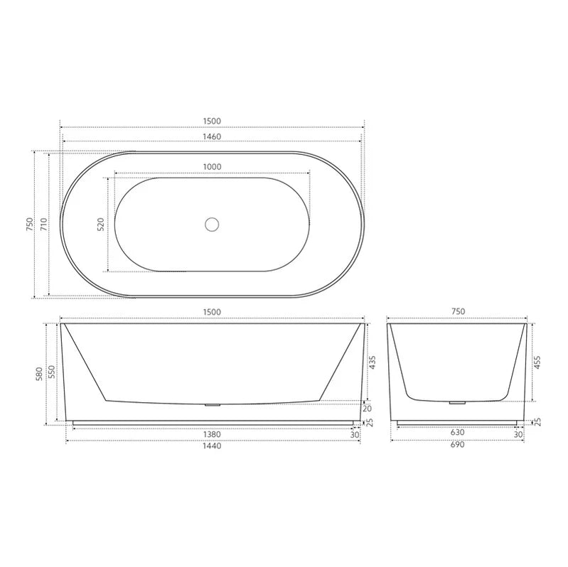 Ally Groove 1500mm Matte White Fluted Bathtub