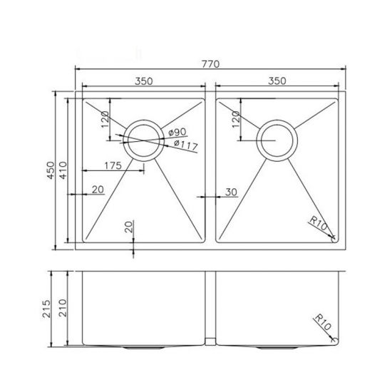 Gun Metal Grey 770x450x215mm 1.2mm Handmade Top/Undermount Double Bowls Kitchen Sink