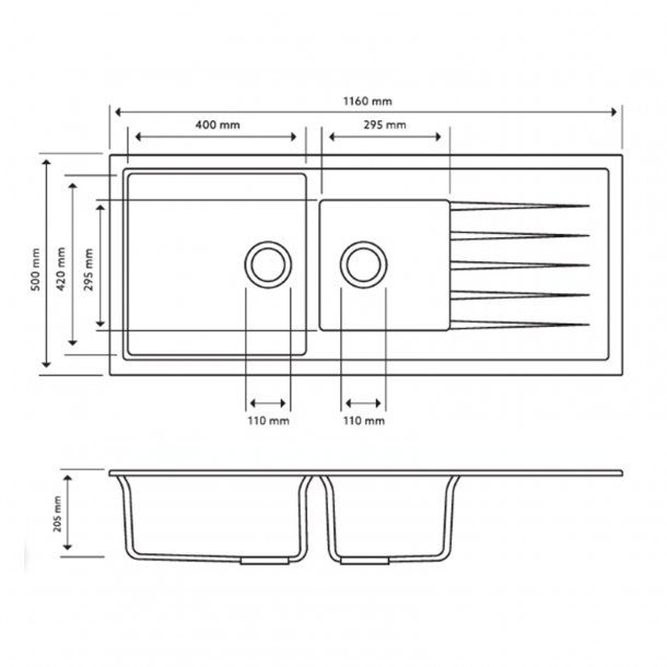Carysil Black 1 and A Half Bowl With Drainer Board Granite Kitchen Sink Top/Flush/Under Mount 1160 x 500 x 205mm