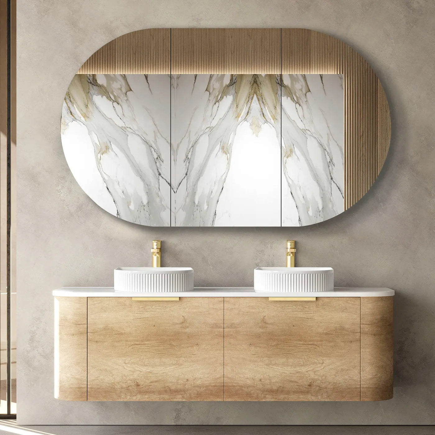 Bondi Natural Oak 600-1800 X 460mm Curve Vanity