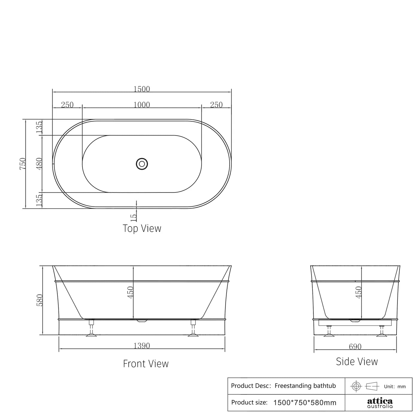 Bondi Gloss White 1500mm Freestanding Bath