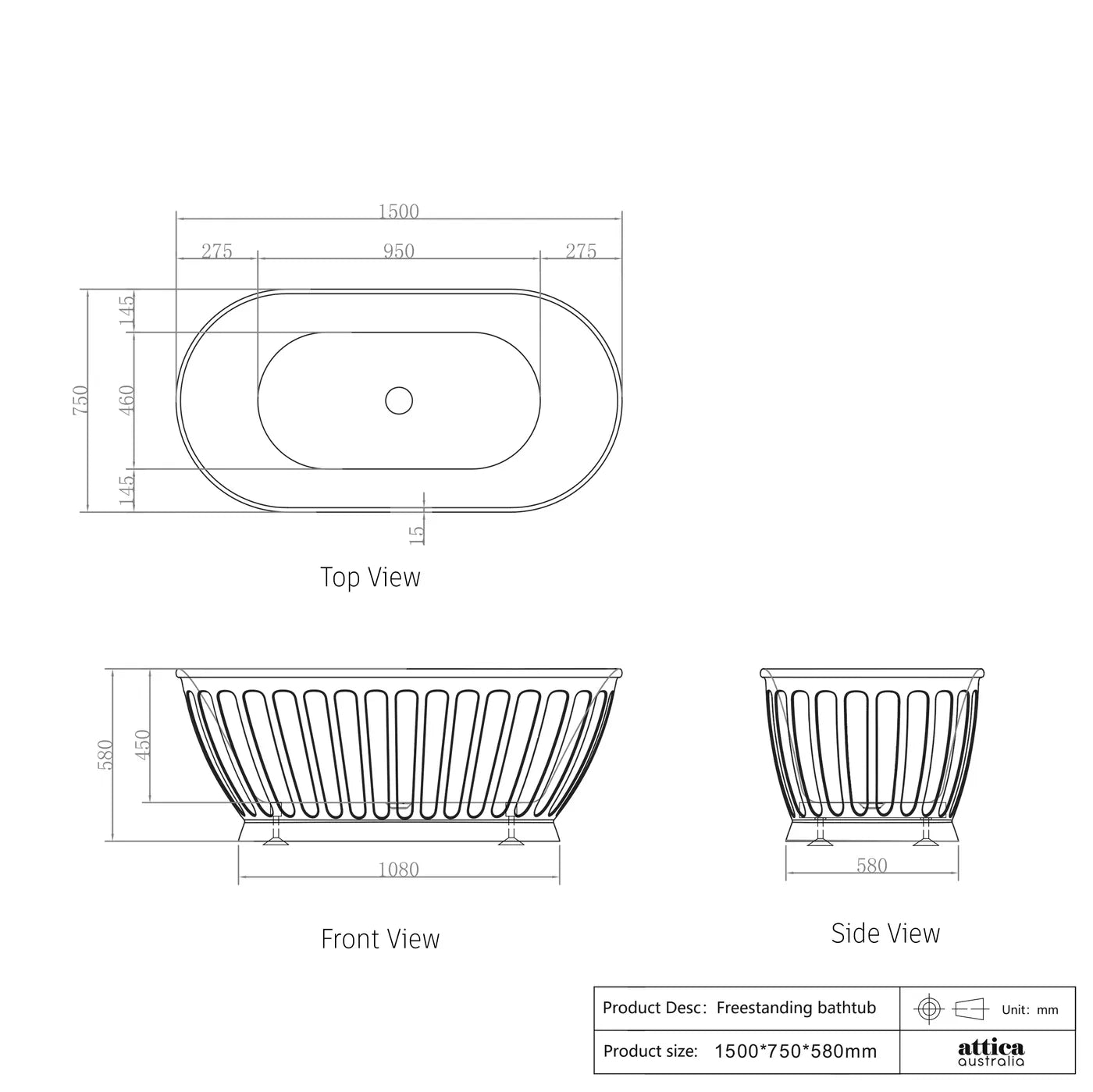 Kensington Gloss White 1500mm Freestanding Bathtub