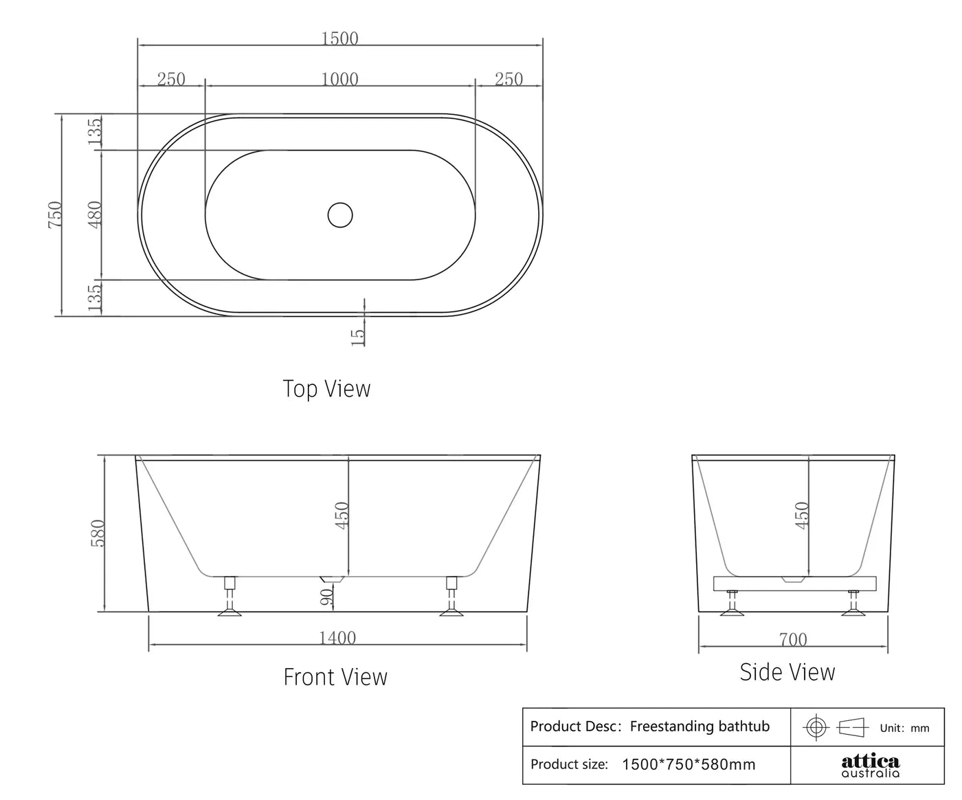 Noosa Gloss White 1500mm Freestanding Bath